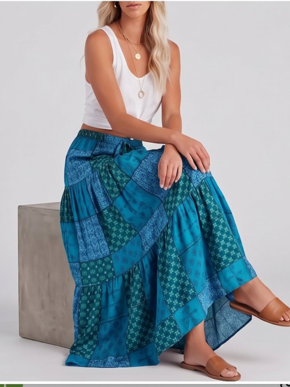 Boho Patchwork Print Maxi Skirt Blue - Picture 3 of 10